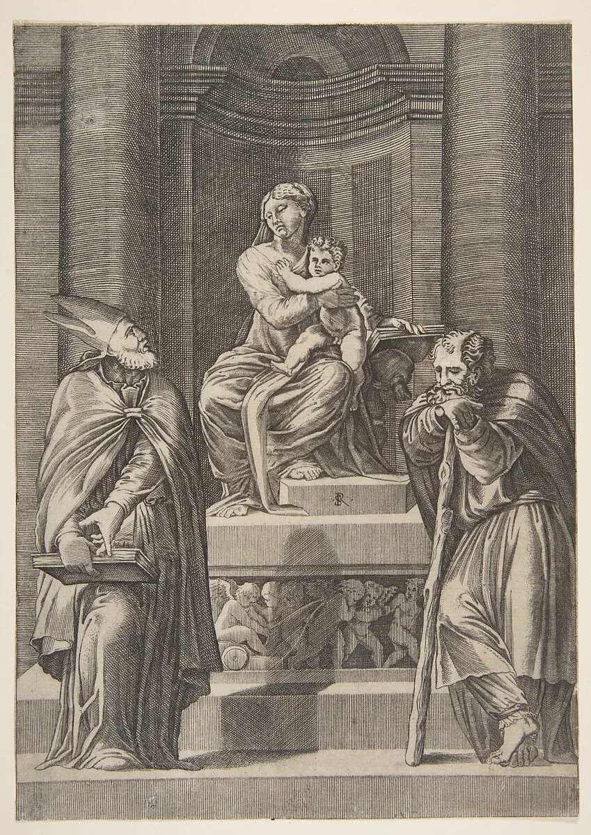 Saint Joseph at left and a bishop at right standing before the altar of the Virgin and Christ Child — Marco Dente|Polidoro da Caravaggio