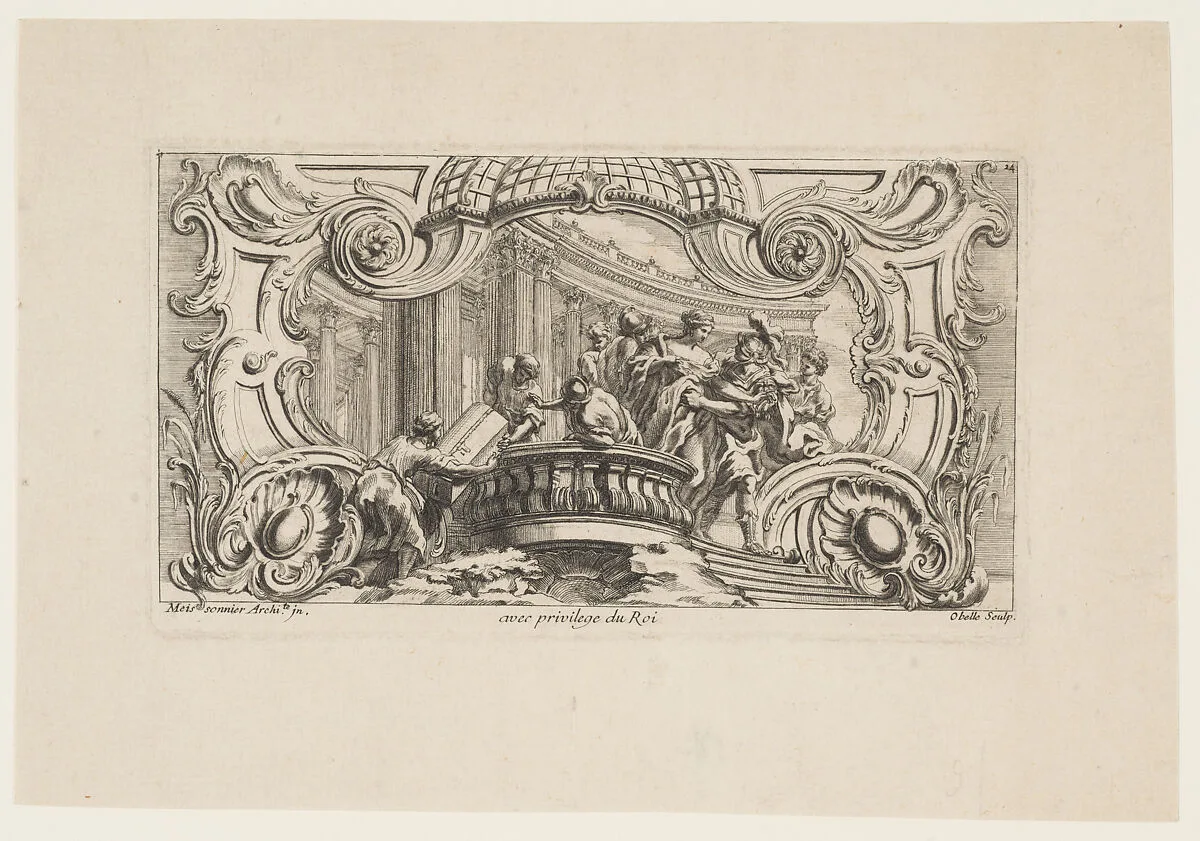 Rocaille Cartouche with the Abduction of Helen of Troy, from: 'Livre D'Ornemens Inventes & Dessines Par J. O. Meissonnier (....)' — Gabriel Huquier|Juste Aurèle Meissonnier|Obelle