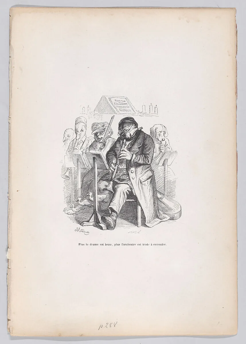 "The more beautiful the drama, the more sad the orchestra is to hear " from Scenes from the Private and Public Life of Animals — Honoré de Balzac|Joseph Hippolyte Jules Caqué|J. J. Grandville