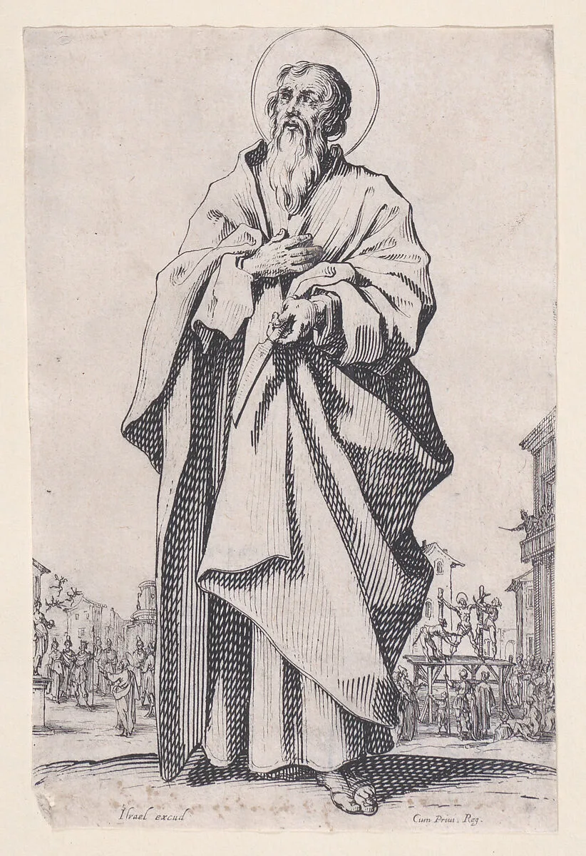 St. Bartholomew, from Les Grands Apôtres Debout, Représentant Le Sauveur, La Bienheureuse Marie et Les Saints Apôtres (The Large Standing Apostles, Representing The Savior, The Blessed Mary and The Apostles) — Jacques Callot|Israël Henriet
