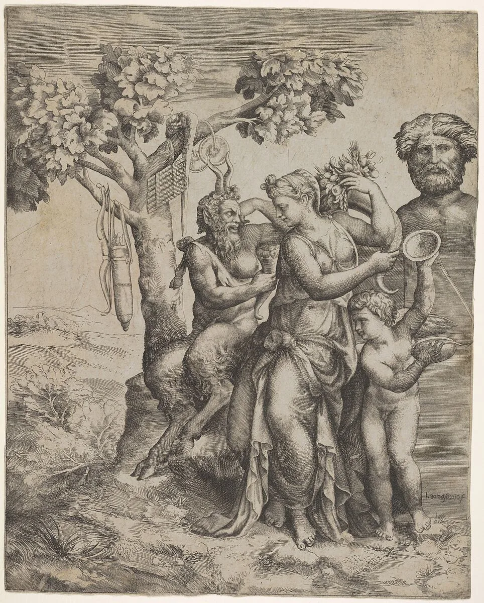 Pan seated near a female figure holding a cornucopia (a nymph or Pomona), at right cupid plays cymbals in front of a herm, at left a pipe, cymbals, bow, and satchel of arrows hang from a tree — Giulio Bonasone|Giulio Romano