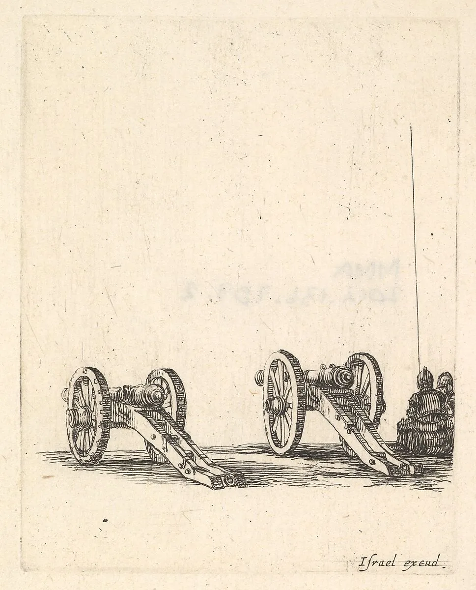 Two cannons, two soldiers seen from the back seated to the right, from 'Equipment needed for Fortification' (Recueil de diverses pièces très nécessaires à la fortification) — Stefano della Bella|Israël Henriet