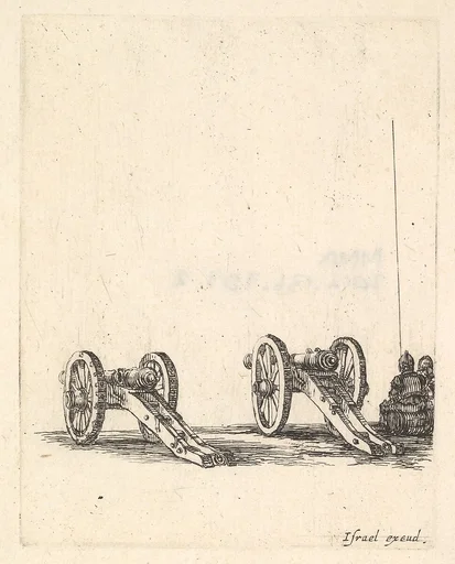 Two cannons, two soldiers seen from the back seated to the right, from 'Equipment needed for Fortification' (Recueil de diverses pièces très nécessaires à la fortification)