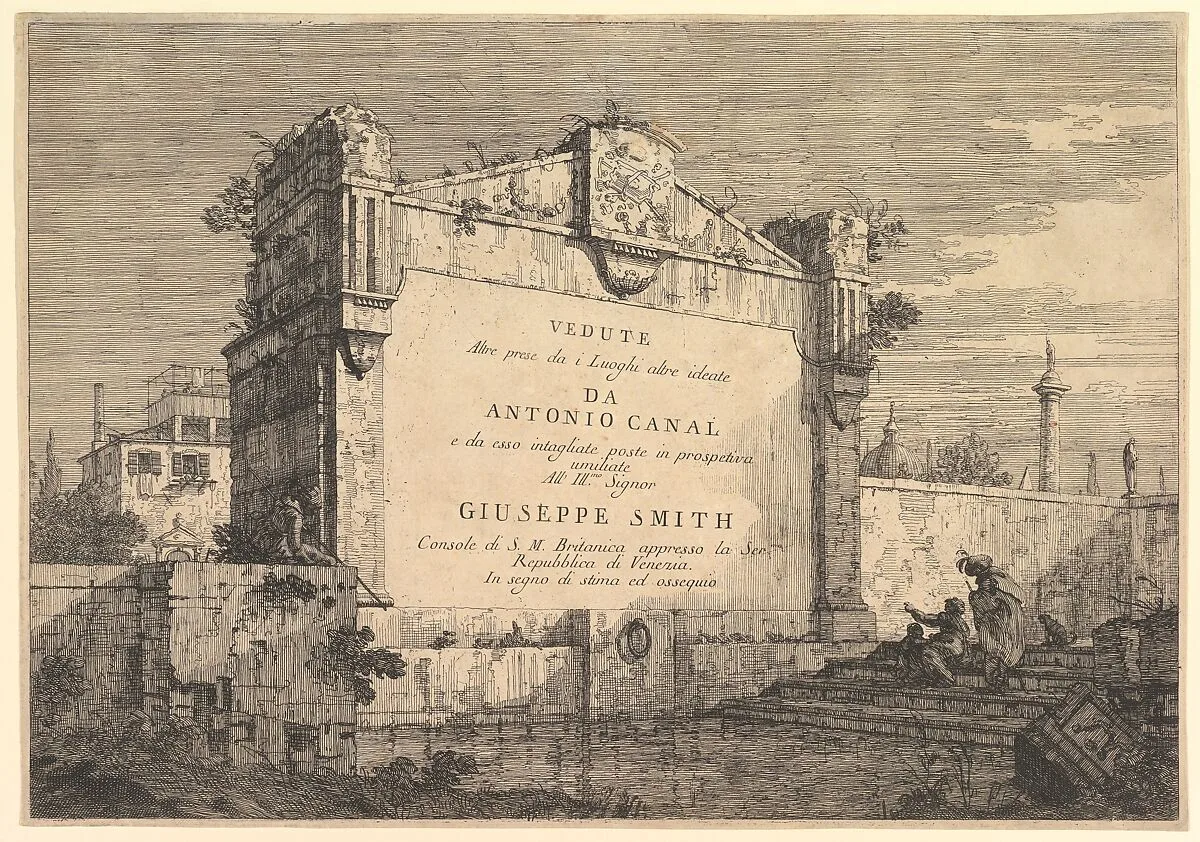 Title plate of 'Vedute altre prese da i luoghi altre ideate', with title and publication information inscribed into a wall plaque at the edge of a canal — Canaletto (Giovanni Antonio Canal)