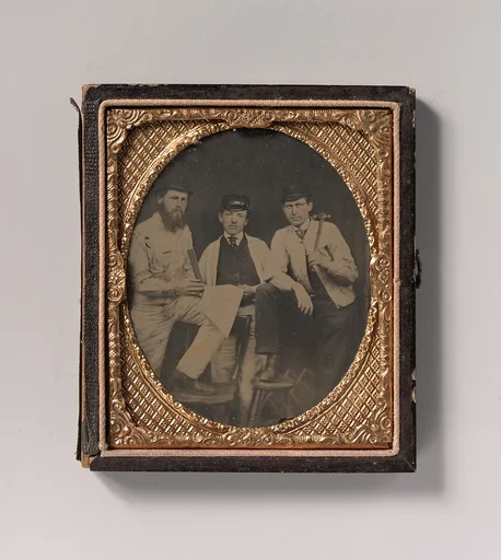 [Three Carpenters, Standing, Holding a Ruler, Hammer, and Sheet of Paper]