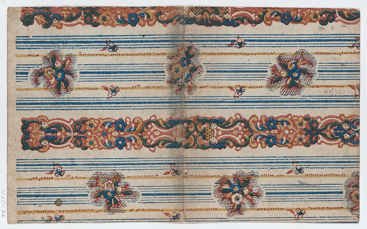 Book cover with overall striped and floral design — Anonymous