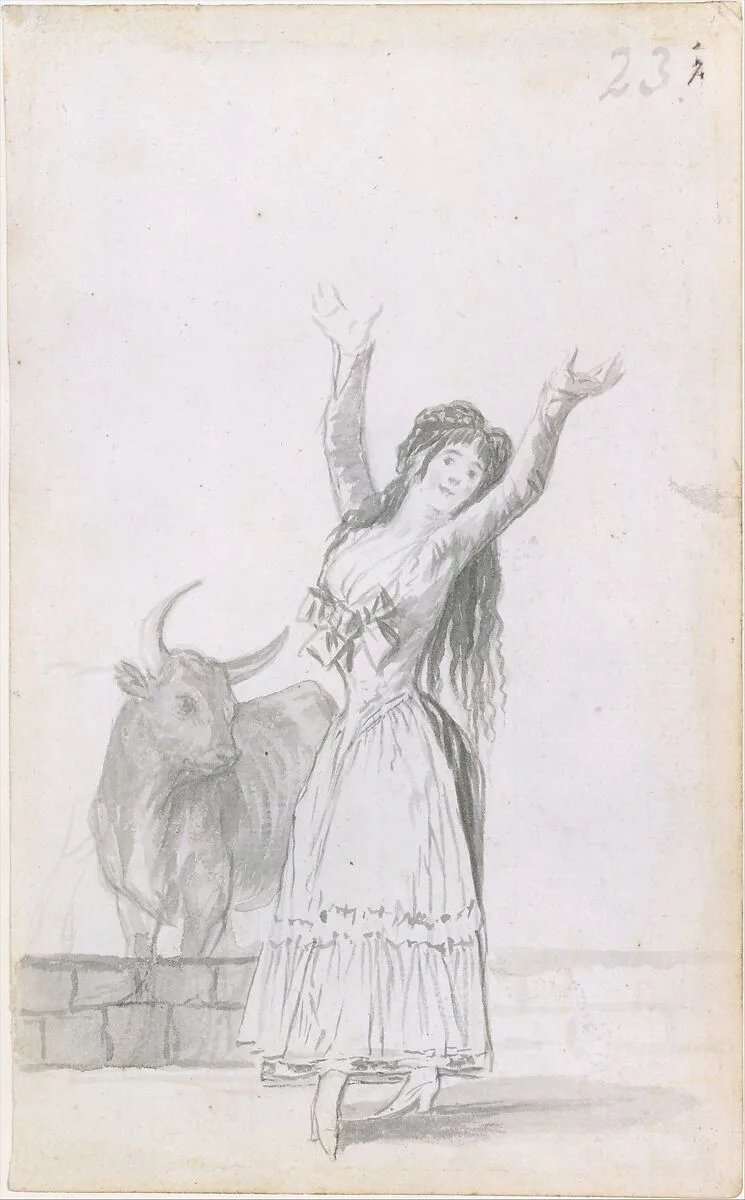 A young woman dancing, her arms raised, a bull in the background; folio 23 (recto) from the Madrid Album 'B' — Goya (Francisco de Goya y Lucientes)
