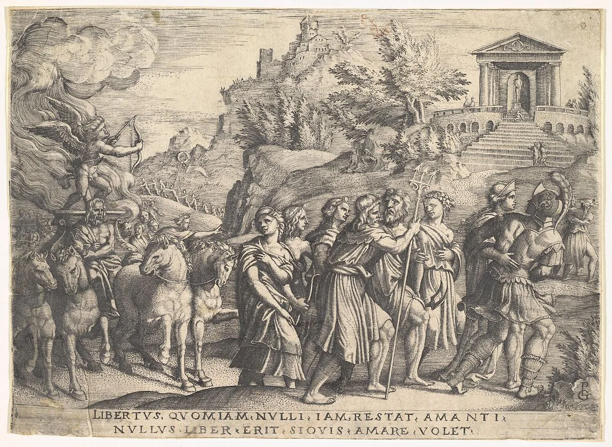 Triumph of Love: four horses draw a carriage with Cupid standing upon a smoking platform, preceded by gods and goddesses on foot, a temple with gabled pediment at crest of hill beyond, from the series 'The Triumphs of Petrarch' — Georg Pencz