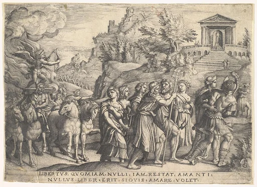 Triumph of Love: four horses draw a carriage with Cupid standing upon a smoking platform, preceded by gods and goddesses on foot, a temple with gabled pediment at crest of hill beyond, from the series 'The Triumphs of Petrarch'