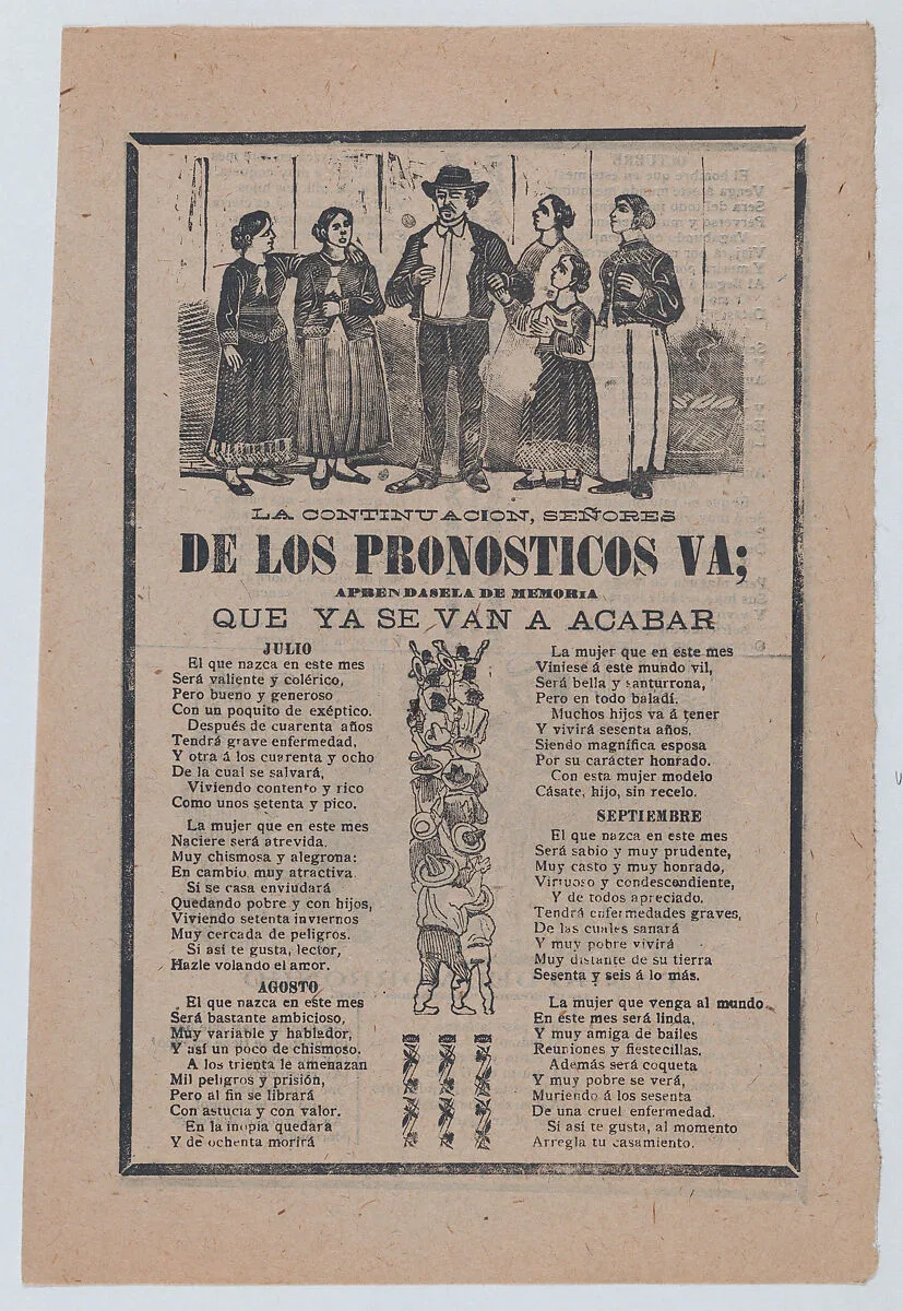 Broadsheet with monthly horoscopes; a group of women surrounding one man and a crowd of people raising their arms — José Guadalupe Posada|Antonio Vanegas Arroyo