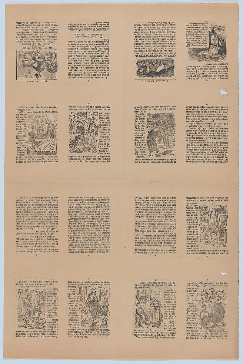 An uncut sheet printed on both sides with pages from 'Juan Ceniza' (cuento arreglado por C. S. Suarez) and 'Rosendito, los leones y el sapo' (cuento por C. S. Suarez) — José Guadalupe Posada|Antonio Vanegas Arroyo