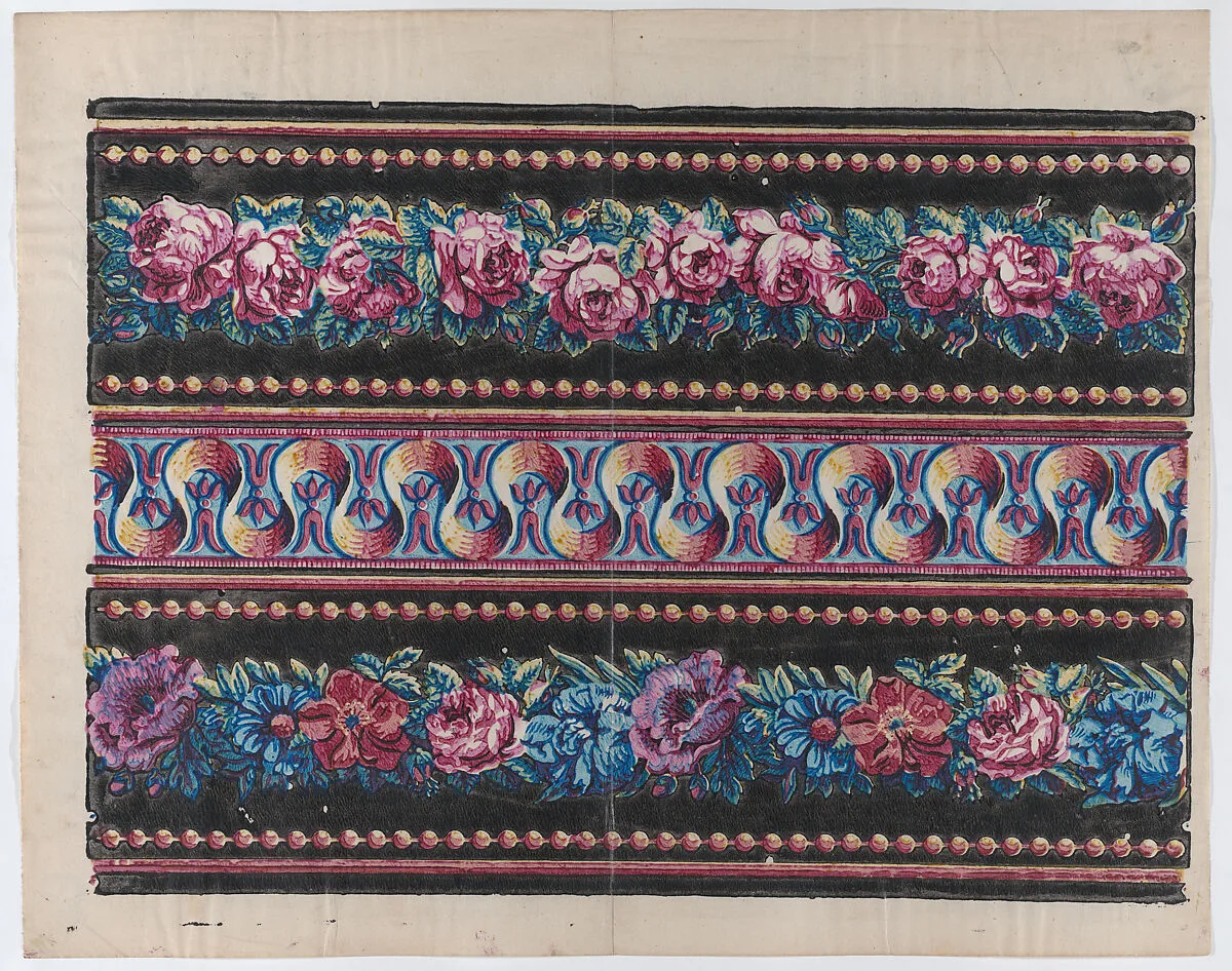 Sheet with a border with pink and multicolor floral garlands on a black background — Anonymous|Remondini Family