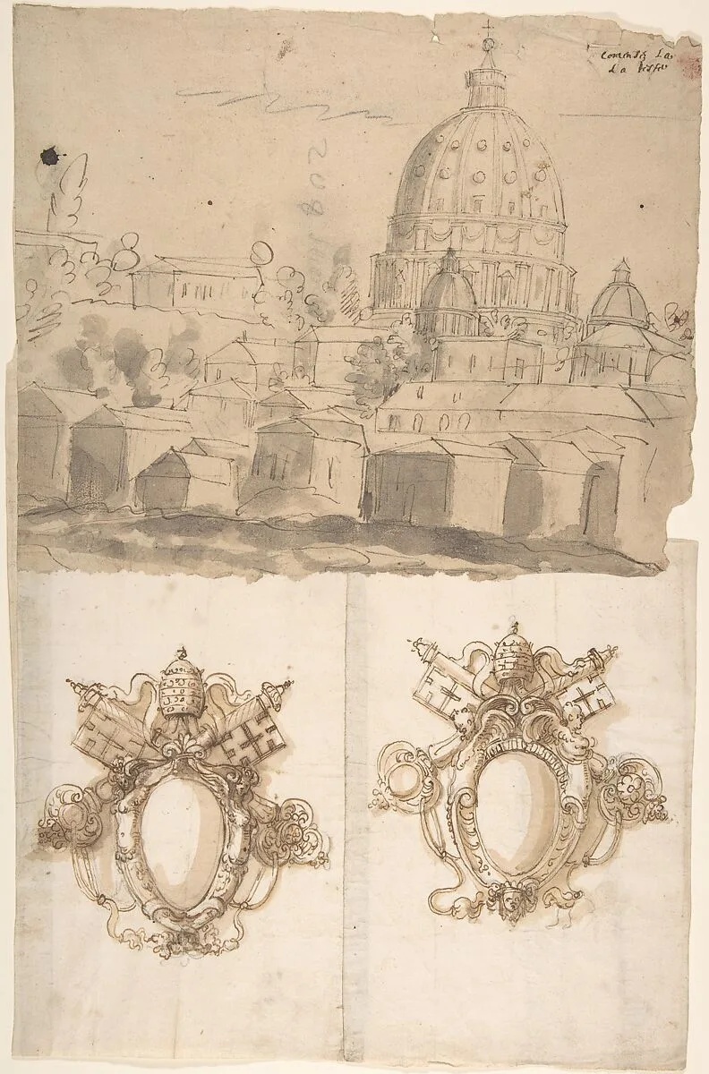 St. Peter's, view from the southeast; Unidentified, blank, papal escutcheons (recto) blank (verso) — Anonymous, French, 16th century