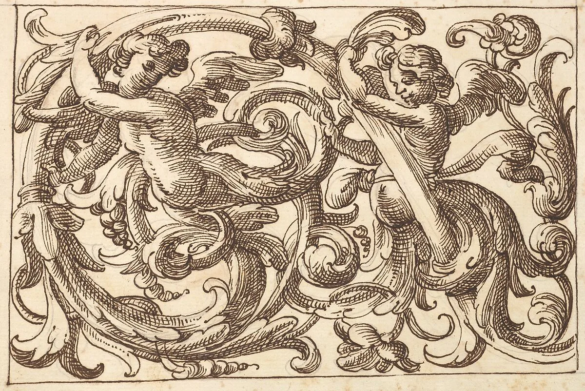 Horizontal Panel Design with Two Young Male Figures Interspersed between Acanthus Rinceaux — Polifilo Giancarli|Anonymous, Italian, Venetian, 17th century