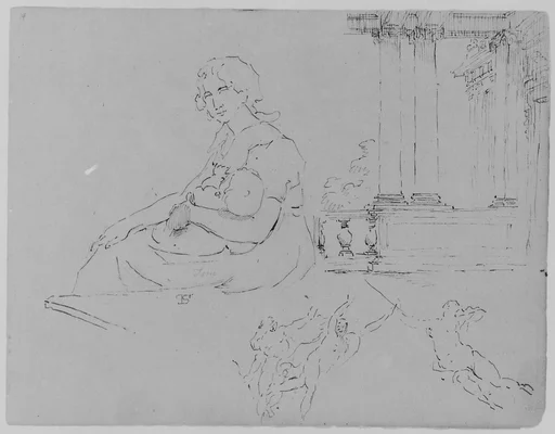 Seated Woman Holding Baby; Ionic Porch and Balustrade, Three Fleeting Figures (from Rubens Massacre of Innocents? Or Allegory of War) (from Sketchbook)