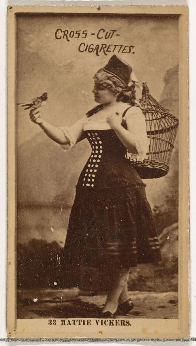 Card Number 33, Miss Mattie Vickers, from the Actors and Actresses series (N145-2) issued by Duke Sons & Co. to promote Cross Cut Cigarettes — W. Duke, Sons & Co.