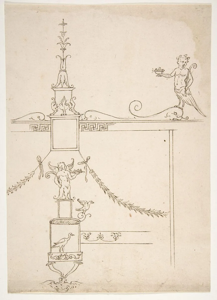 Domus Aurea, cryptoporticus, grotteschi, details (recto) blank (verso) — Anonymous, French, 16th century