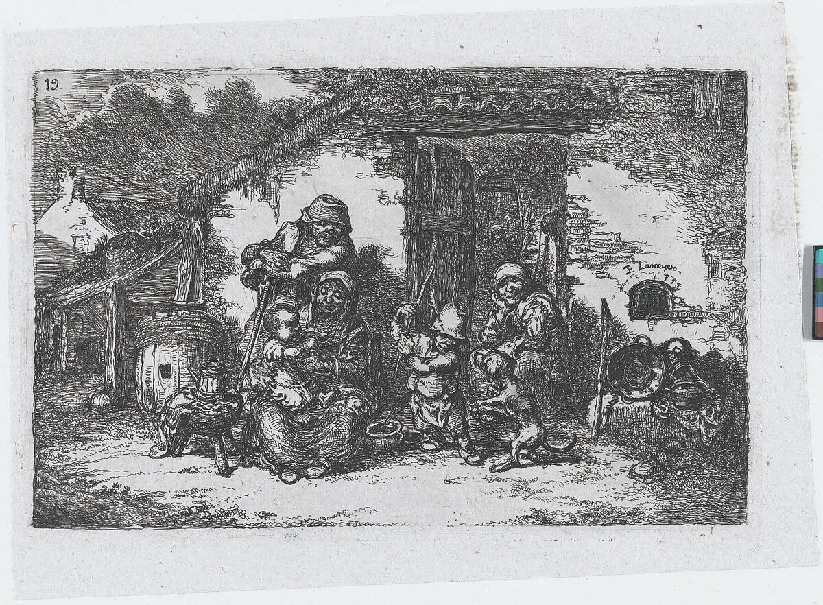 Plate 19: a family and a boy playing with a dog outisde a house, from the series of customs and pastimes of the Spanish people — Francisco Lameyer y Berenguer