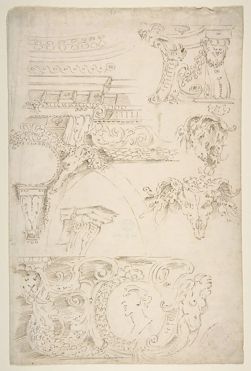 Sketches of Sculptured Decoration. Entablatures and a Frieze with Human, Animal and Floral Ornaments — Agostino (Stanzani) Mitelli