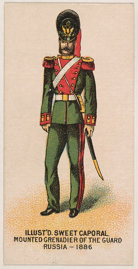 Mounted Grenadier of the Guard, Russia, 1886, from the Military Series (N224) issued by Kinney Tobacco Company to promote Sweet Caporal Cigarettes — Kinney Brothers Tobacco Company