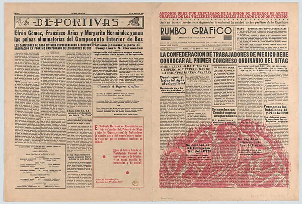 Eight uncut pages from the Marxist newspaper 'Rumbo Grafico' with illustrations by Méndez and Zalce including an advertisement from the TGP offering their design and printing services at competitive prices for effective propaganda — Taller de Gráfica Popular|Leopoldo Méndez|Alfredo Zalce