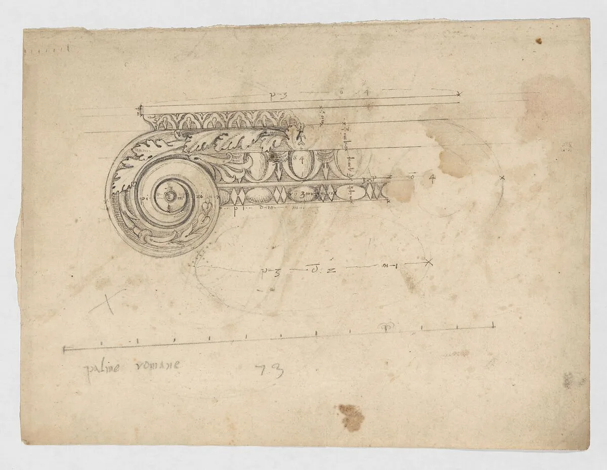 S. Maria in Trastevere, Ionic capital, volute, side elevation (recto) Unidentified, Ionic capital volute, construction diagram (verso) — Anonymous, French, 16th century