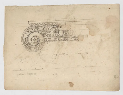 S. Maria in Trastevere, Ionic capital, volute, side elevation (recto) Unidentified, Ionic capital volute, construction diagram (verso)