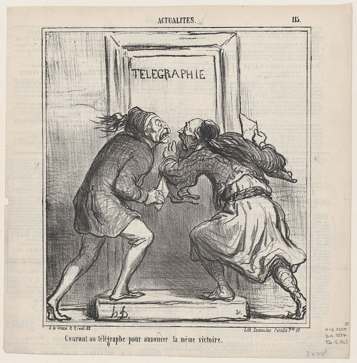 Both running to the telegraph office to announce the same victory, from 'News of the day,' published in Le Charivari, February 14, 1867 — Honoré Daumier|Destouches|Arnaud de Vresse