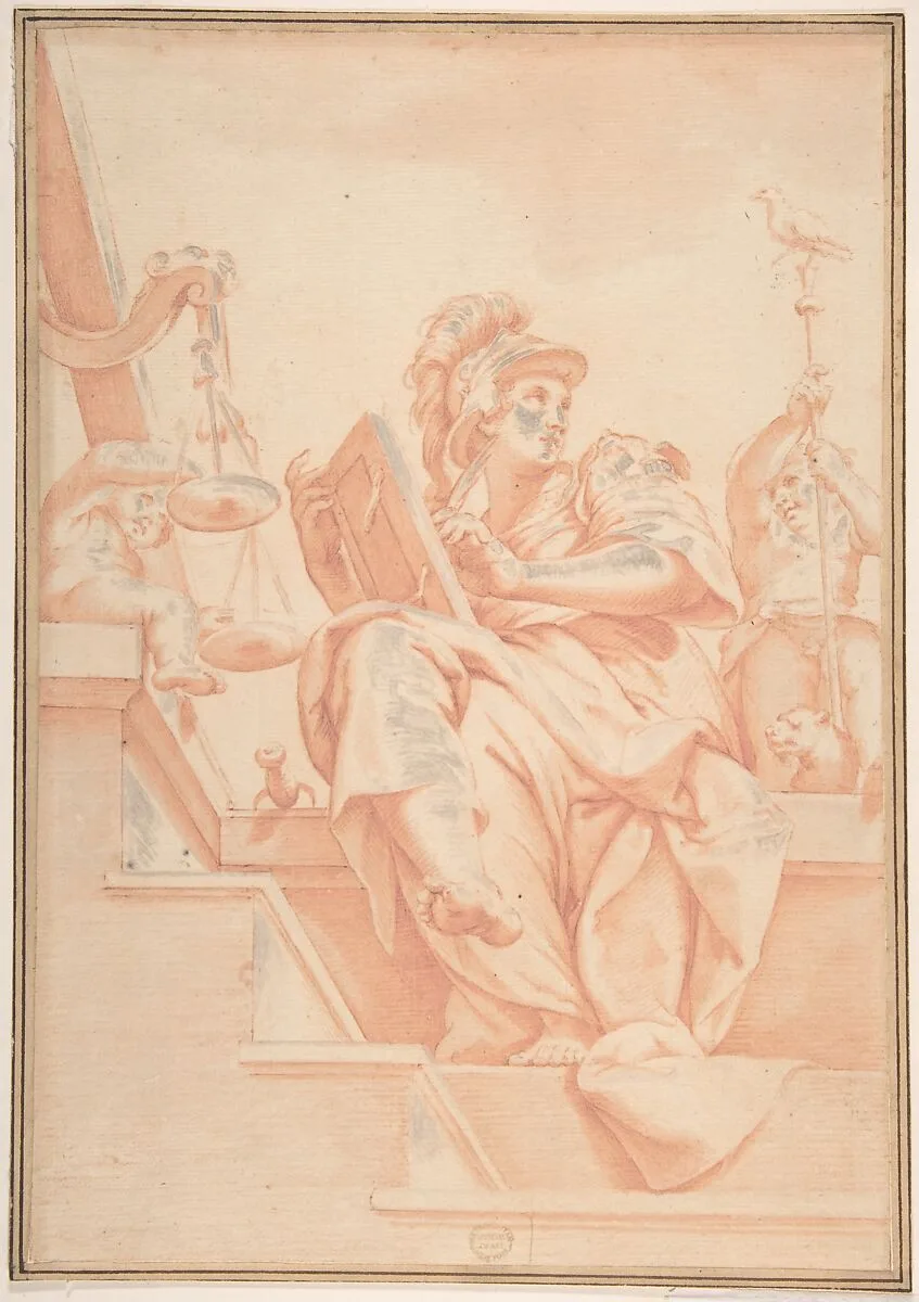 Allegory of Justice with Two Putti (after Lorenzo Sabatini's Fresco in Palazzo Vecchio, Florence) — Lorenzo Sabatini|Denijs Calvaert|Anonymous, Italian, 17th century