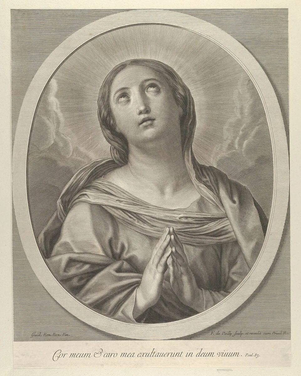 The Virgin in prayer, looking up with clouds behind her, in an oval frame, after Reni — Guido Reni|Francois de Poilly|Francois de Poilly