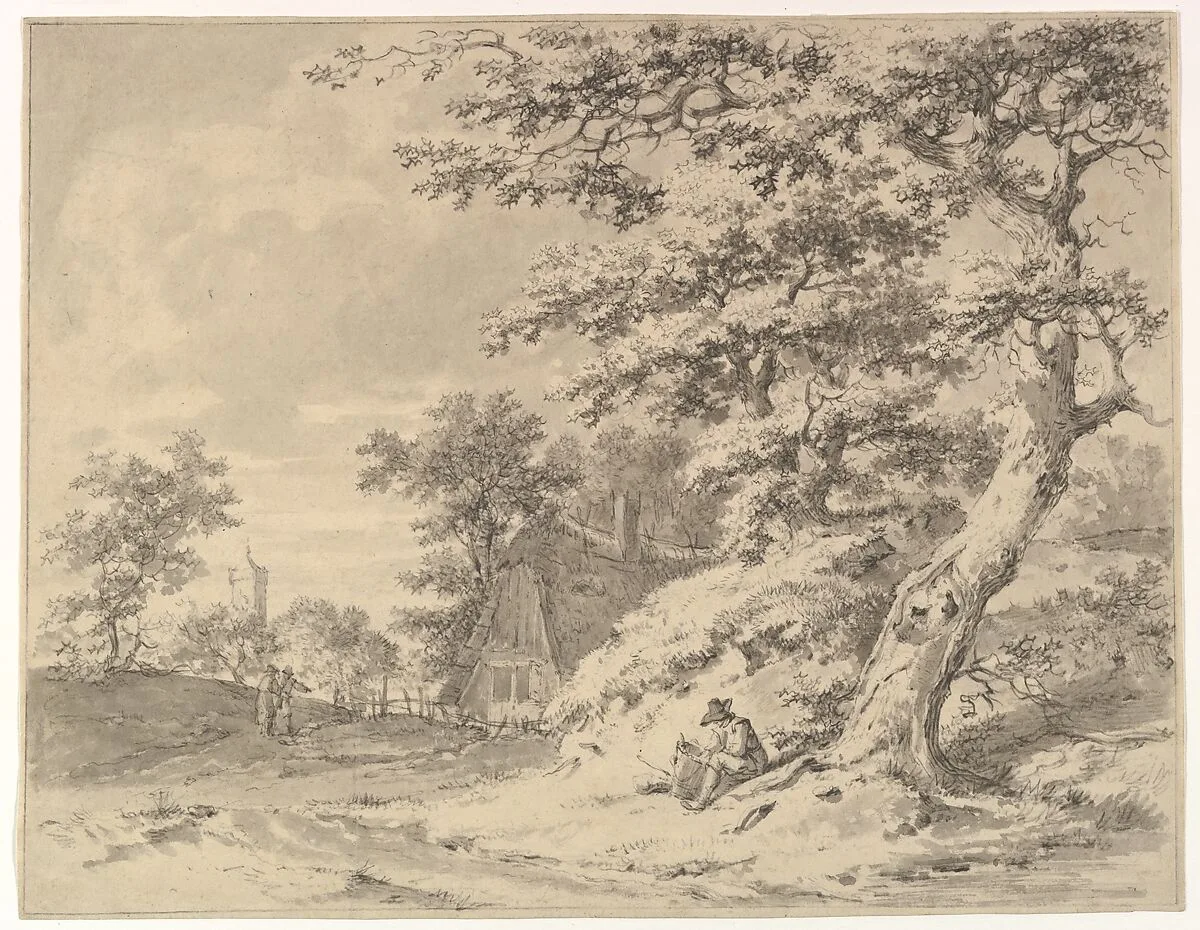 A Forest Edge with Peasants and a Village in the Background; verso: Landscape Sketch — Pieter Barbiers II