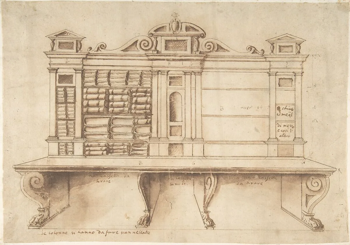 Design for a Bookcase with Writing Desk — Anonymous, Italian, 16th century