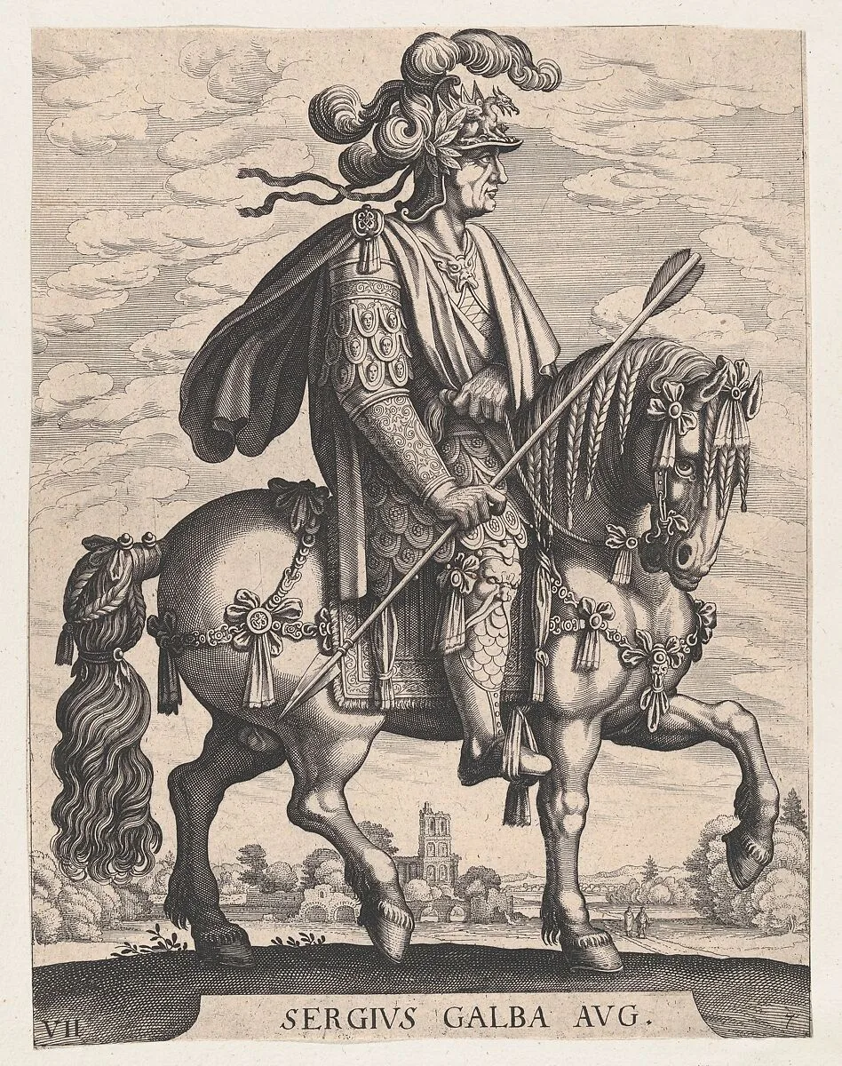 Plate 7: Emperor Galba on Horseback, from 'The First Twelve Roman Caesars' after Tempesta — Antonio Tempesta|Matthäus Merian the Elder