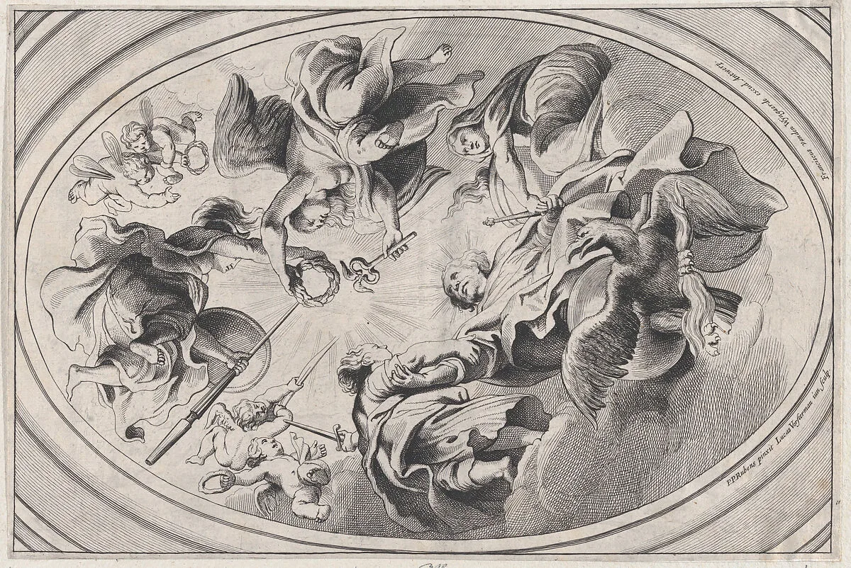 Apotheosis of James I, with the king seated at the bottom, an eagle below him, two angels holding a laurel above him, surrounded by putti — Lucas Vorsterman II|Peter Paul Rubens|Frans van den Wyngaerde