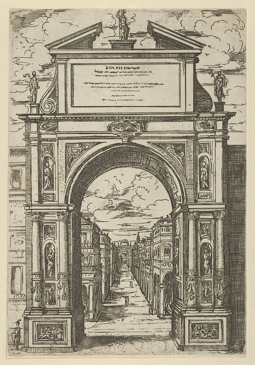 Triumphal arch surmounted by a statue representing the city of Bologna, buildings seen through the arch below, a temporary decoration for the entry of Pope Clement VIII in Bologna in 1598 — Guido Reni