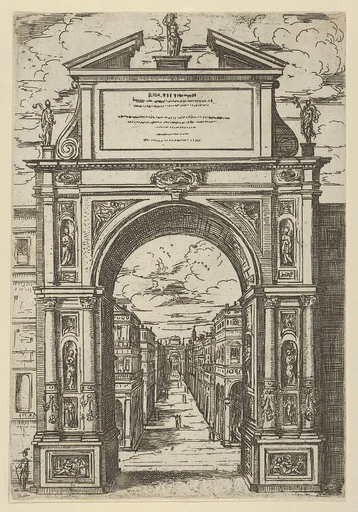 Triumphal arch surmounted by a statue representing the city of Bologna, buildings seen through the arch below, a temporary decoration for the entry of Pope Clement VIII in Bologna in 1598
