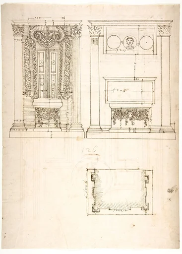 Unidentified, funerary altar, plan and elevations (recto) S. Giovanni Laterano, Oratorio della Santa Croce, paneling, elevation (verso)