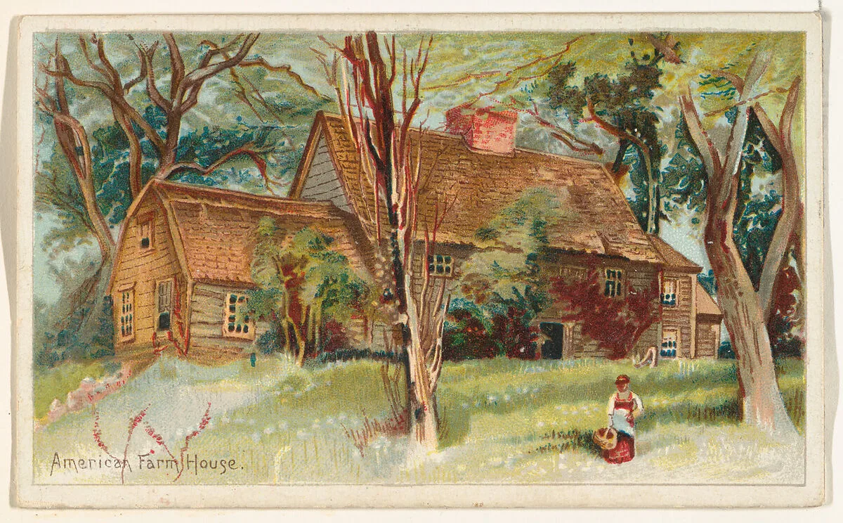 American Farm House, from the Habitations of Man series (N113) issued by W. Duke, Sons & Co. to promote Honest Long Cut Smoking and Chewing Tobacco — W. Duke, Sons & Co.|American Tobacco Company|The Giles Company