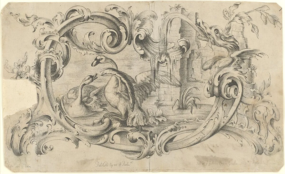 Design for a Tablet for a Chimney-Piece with Two Swans in Combat, Enclosed within a Scrolling Cartouche with a Water-Spouting Dragon's Head — Thomas Johnson