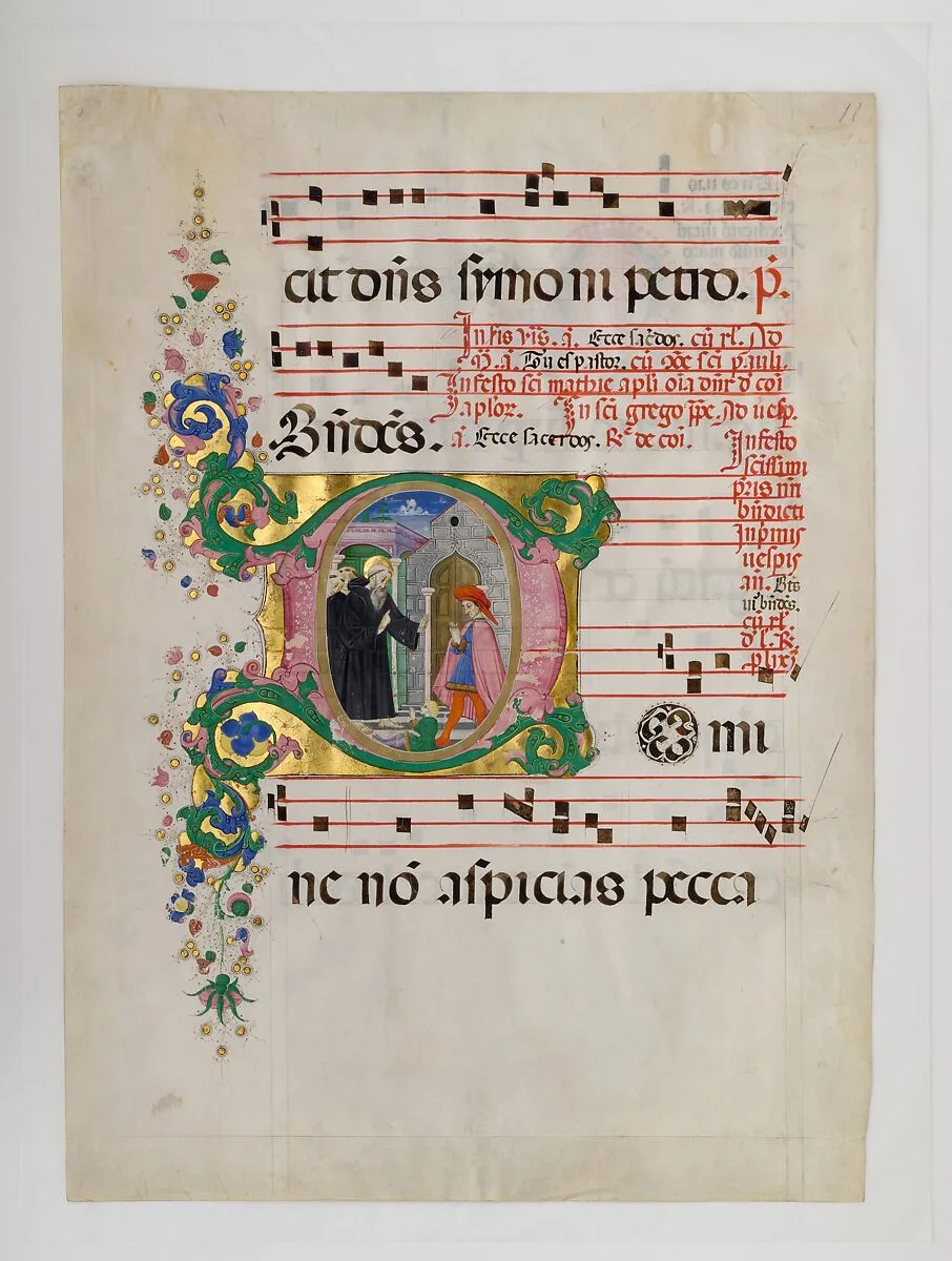 Manuscript Leaf with Saint Benedict Resuscitating a Boy in an Initial D, from an Antiphonary — Master of the Riccardiana Lactantius