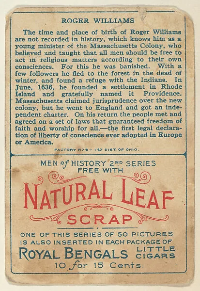 Roger Williams, Founder of Rhode Island, from the "Heroes of History" series (T68), issued with Miners Extra Smoking Tobacco, Natural Leaf Scrap, and Royal Bengals Little Cigars — Roger Williams|Royal Bengals Little Cigars