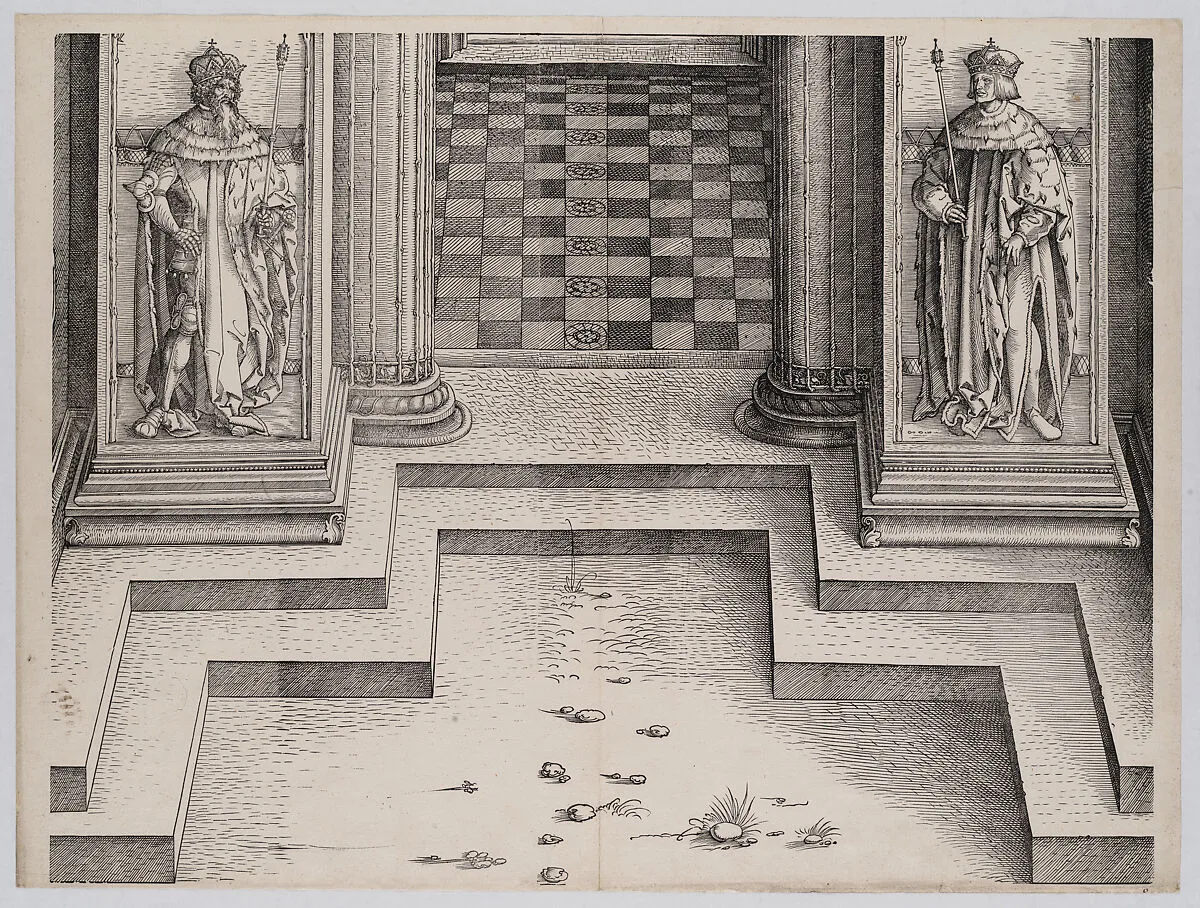 The Pedestal of the Central Portal with Figures of Two Archdukes of Austria, from the Arch of Honor, proof, dated 1515, printed 1517-18 — Hieronymus Andreae|Hans Springinklee