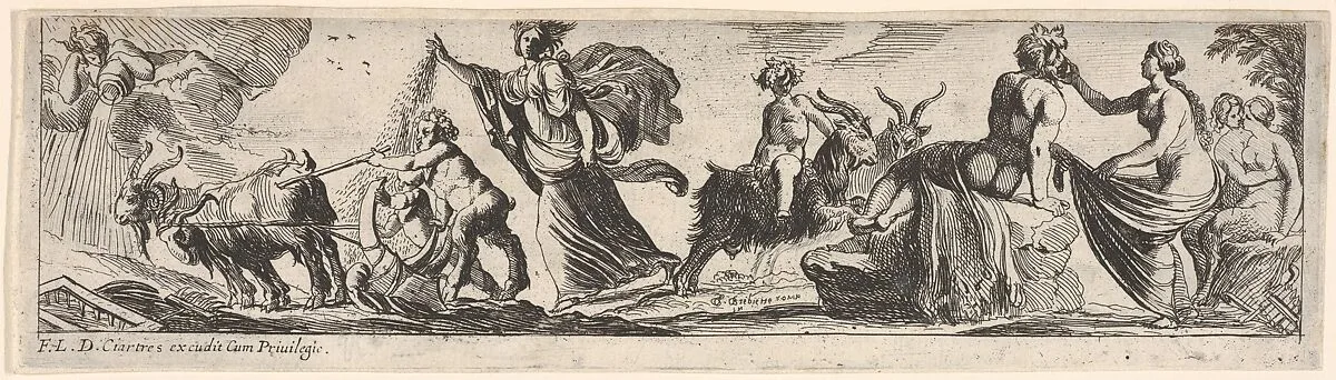 Ceres sows seeds and walks behind a goat-drawn plough, at right a man draped with a lion skin grasps a woman's garment and a female satyr receives an embrace from another figure, from a series of twelve frieze-like designs showing bacchanals, sacrifices, and dances — Pierre Brebiette|François Langlois