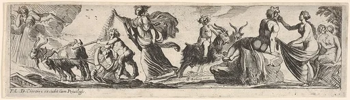 Ceres sows seeds and walks behind a goat-drawn plough, at right a man draped with a lion skin grasps a woman's garment and a female satyr receives an embrace from another figure, from a series of twelve frieze-like designs showing bacchanals, sacrifices, and dances