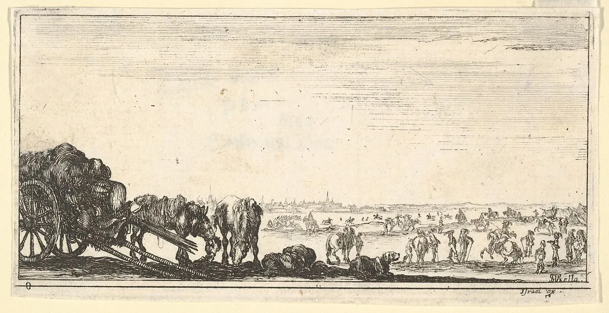 Plate 8: a chariot and two horses to left, a dog in center, various horses and soldiers in the background, from 'Troops, cannons, and attacks on towns' (Dessins de quelques conduites de troupes, canons, et ataques de villes) — Stefano della Bella|Israël Henriet