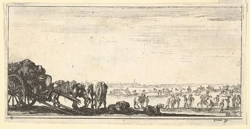 Plate 8: a chariot and two horses to left, a dog in center, various horses and soldiers in the background, from 'Troops, cannons, and attacks on towns' (Dessins de quelques conduites de troupes, canons, et ataques de villes)