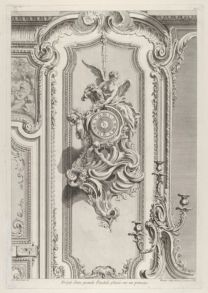 Projet d'une grande Pendule, from 'Oeuvre de Juste Aurele Meissonnier' — Juste Aurèle Meissonnier|Gabriel Huquier|Gabriel Huquier