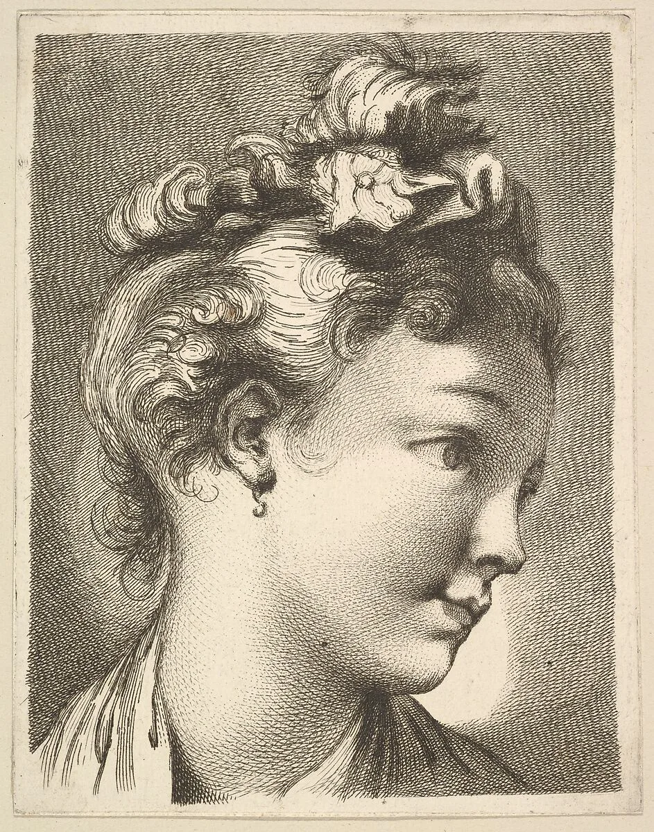 Head of a woman with her head turned to the left, from Livre de Têtes Gravées d'apres F. Boucher et Autres (Book of Heads Engraved after F. Boucher and Others) — François Boucher|Anonymous, French, 18th century|Buldet