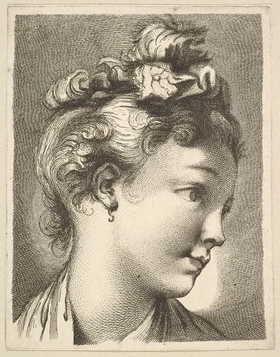 Head of a woman with her head turned to the left, from Livre de Têtes Gravées d'apres F. Boucher et Autres (Book of Heads Engraved after F. Boucher and Others)