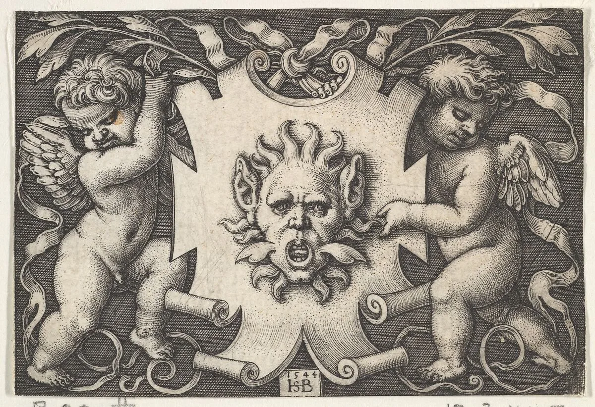 A Mask on an Escutcheon Supported by Two Genii — Sebald Beham